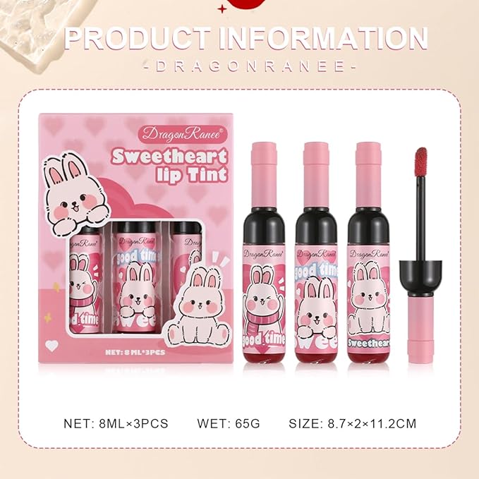Wine Bottle Lip Tint Set, Long-Lasting 3 Colors Lip Tint, Smudge-Proof Liquid Lipstick for All-Day Wear, Cute Pink Package, Ideal Makeup Gift for Girls and Women
