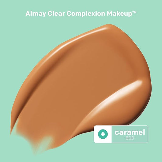 Almay Clear Complexion Acne Foundation Makeup with Salicylic Acid, Medium Coverage, Soft Matte Finish, Hypoallergenic, Cruelty- & Fragrance-Free, Dermatologist Tested, 800 Caramel, 1 fl oz