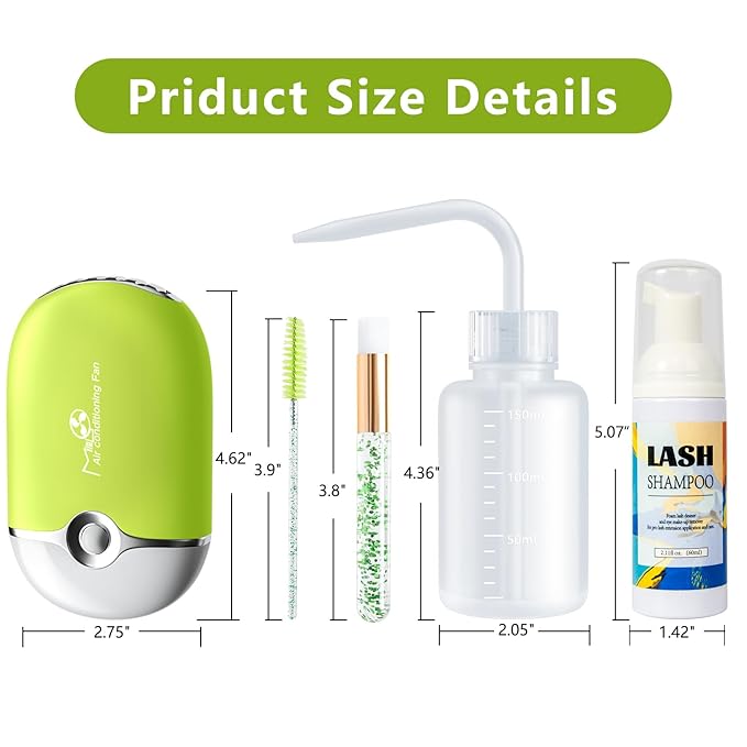 Buqikma Lash Shampoo 60ml - Lash Cleaning Kit Gentle Foam Eyelash Extension Cleanser USB Mini Lash Fan Rinse Bottle Mascara Brush Cleaning Brush Salon Lash Wash at Home Gift for Women Girls (Green)
