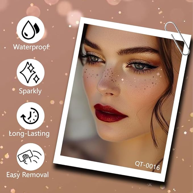 8Ps Face Glitter Speckles Patches, Rose Gold Glitter Freckles Face Tattoo, Glow Up Makeup Patches, Cute Glitter Makeup Accessories for Women, Cosmetic Glitter for Face Gift