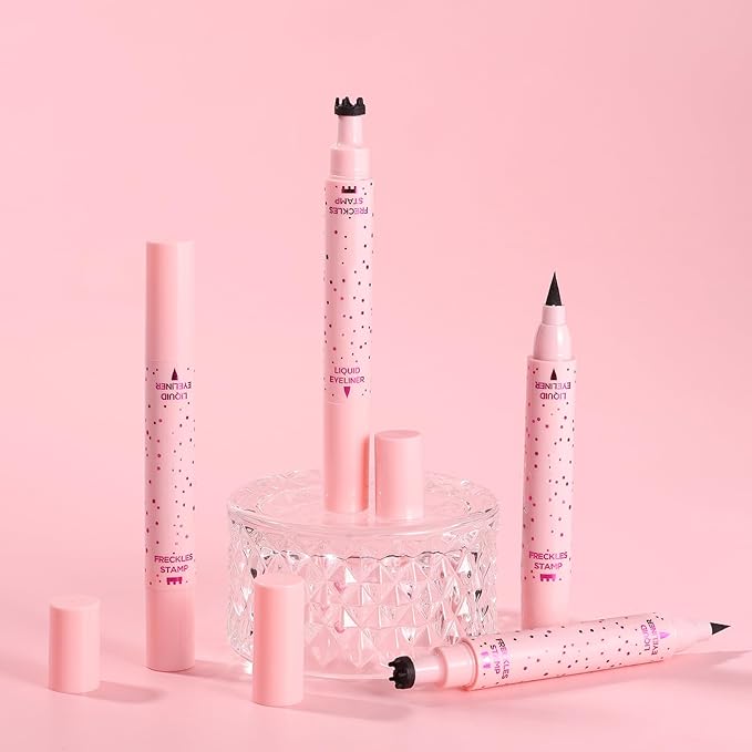 DAGEDA Eyeliner Freckle Pen, 2 in 1 Light Brown Freckle Stamp and Black Liquid Eyeliner, Waterproof, Natural Lifelike Freckles Makeup, Soft Sopt Pen Magic Fake Freckles
