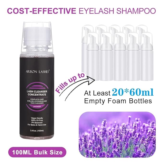 Eyelash Cleanser Concentrate 100ml Lash Extensions Shampoo Natural Foaming Cleanser DIY Non-lrritating Wash for Salon Home Care-Makes 20 Bottles 60ml lash Shampoo (Lavender)
