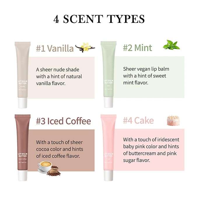 4 Flavors Summer Special Butter Lip Balm Lip Tint Hydrating Lip Gloss, High Shine Nude Color Nourishing Lip Care Finish Lip Glow Oil (4 Color, 0.5 Oz)