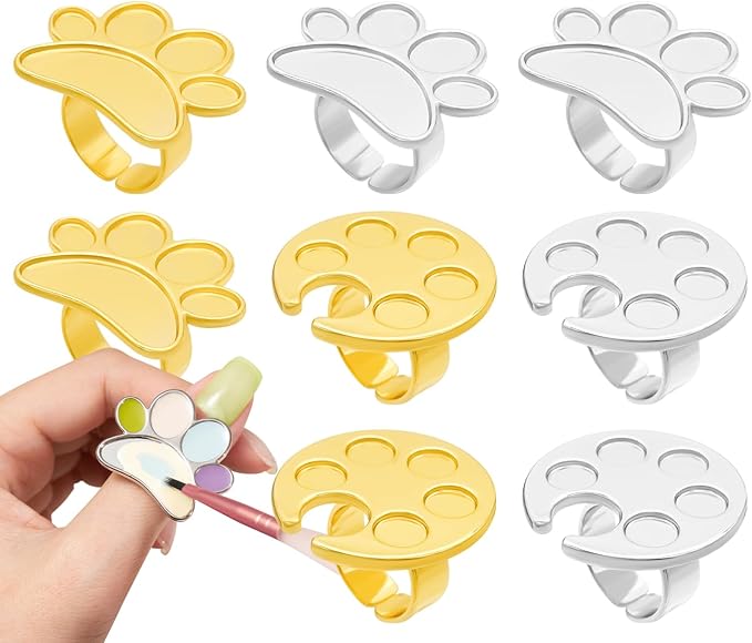 8 Pack Mini Nail Paint Art Palette Finger Rings Metal Manicure Palette Tools Makeup Palettes Makeup Mixing Palette Ring Wearable Metal Nail Art Polish Holder Nail Art Tools