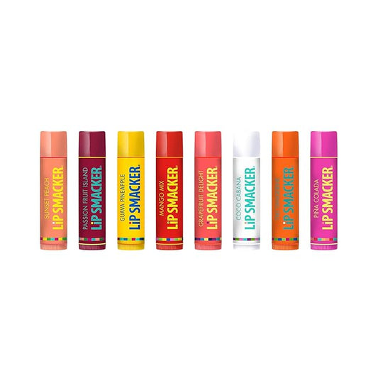 Lip Smacker Flavored Lip Balm Tropic Fever 8 Count (Pack of 1), Passion Fruit, Peach, Breezey-Teazey, Pina Colada, Grapefruit, Coca Cabana, Tangerine, Mango, Clear
