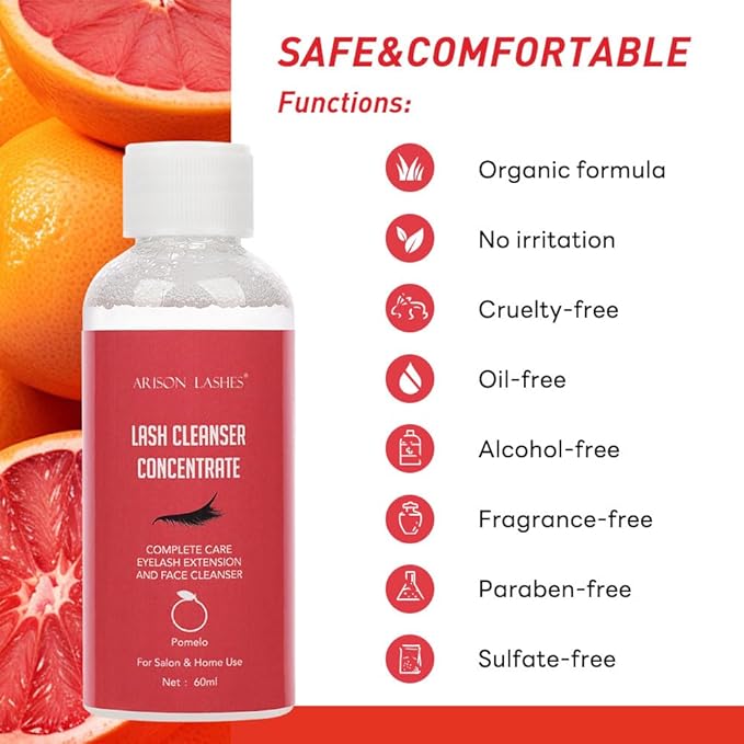 Eyelash Cleanser Concentrate 60ml Professional Lash Extensions Shampoo Natural Foaming Cleanser for Extensions Lashes with Salon Home Care-Makes 12 Bottles 60ml Eyelash Shampoo (pomelo)