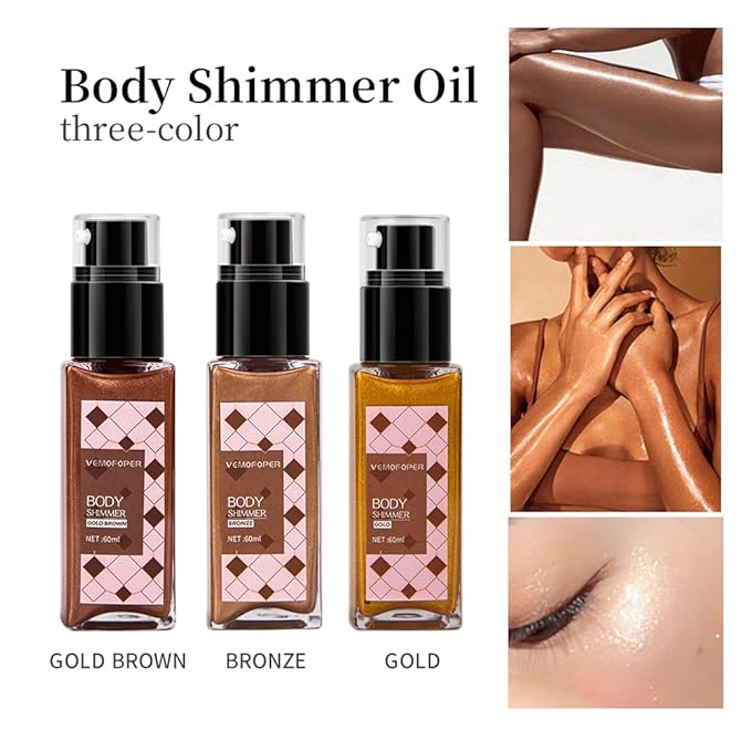 Body Glow Shimmer Body Oil Liquid Highlighter, Bronzer Shimmering Body Lotion Glitter Luminizer Moisturizing Waterproof, Natural Skin Shimmer For Body and Face Makeup Women Men (60ml/2 oz)