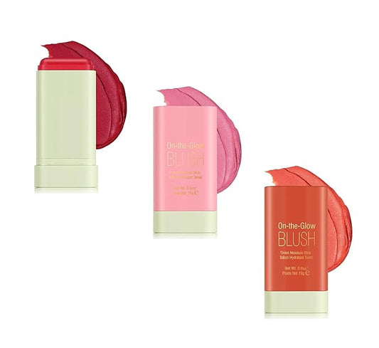 On The Glow Blush Stick Tinted Moisture Hydratant Teinte 2 in 1 Waterproof Hydrating Makeup Solid Nature Smooth Blended Matte Ginseng Finish Boomstick for Cheek Eyes and Lips Set of 3