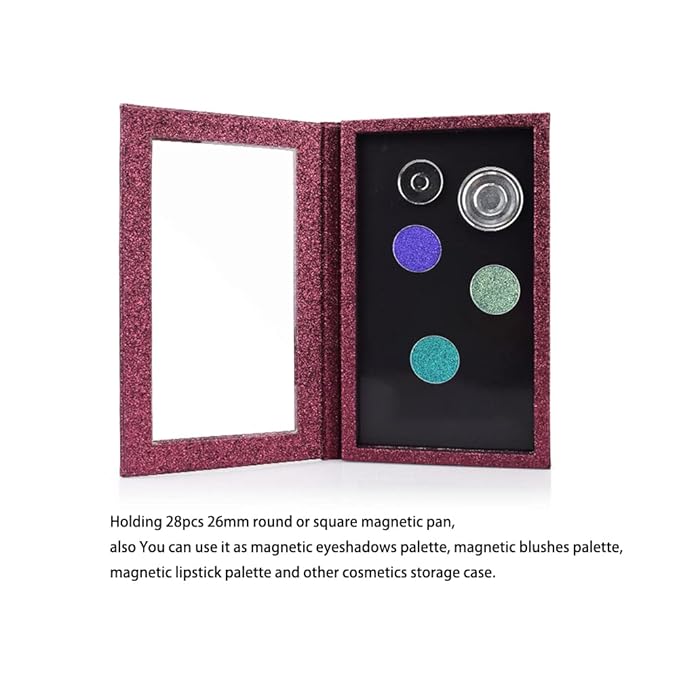Professional Empty Makeup Magnetic Palette Set with 20 Adhesive Metal Stickers and 20 Empty Round Metal and 1 Depotting Spatula blush for powder and foundation (Wine red)