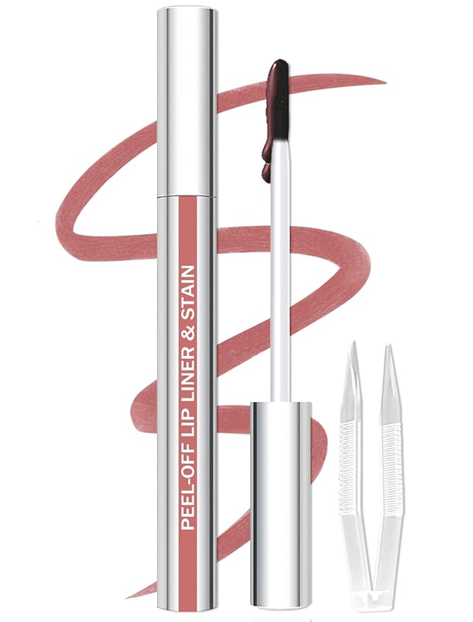 Lip Liner Stain Peel Off with Tweezer, Long Lasting Matte Lip Tattoo, Highly Pigmented Color Lip Makeup, Waterproof, Transfer-proof Lipstain for Women, Nude Pink