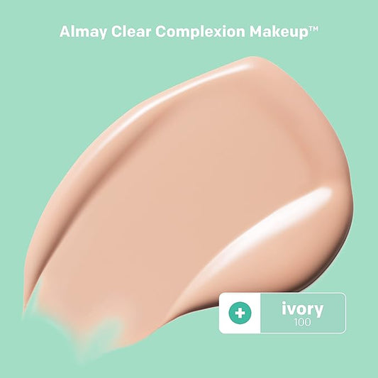 Almay Clear Complexion Acne Foundation Makeup with Salicylic Acid, Medium Coverage, Soft Matte Finish, Hypoallergenic, Cruelty- & Fragrance-Free, Dermatologist Tested, 100 Ivory, 1 fl oz