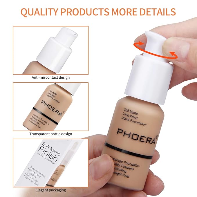 PHOERA Foundation Makeup Naturally Liquid Foundation Full Coverage Mattle Oil-Control Concealer 8 Colors Optional,Great Choice For Gift (#105 Sand,30ml)