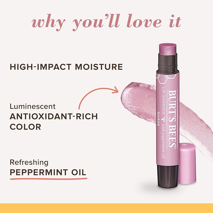 Burt's Bees Lip Shimmer, 100% Natural Moisturizing, with Peppermint Oil, Guava, 0.09 Oz - 6 Pack
