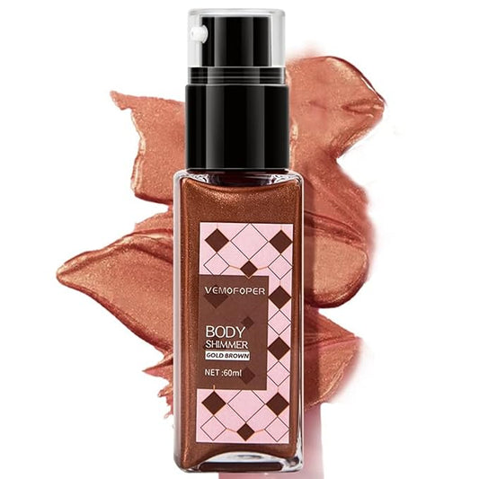 Body Glow Shimmer Body Oil, Shimmering Body Oil Lotion Glitter for Skin Body Highlighter Liquid Luminizer, Natural Body Shimmer Oil Gold Brown Moisturizing Waterproof Women Men Makeup (60ml/2 oz)