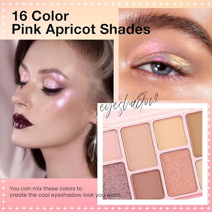 16 Color Pink Champange Brown Gold Colorful Matte Glitter Shimmer Eyeshadow Palette with Mirror for Eye Makeup,Highly Pigmented Korean Natural Rainbow Eye Shadow palette,Blendable-06