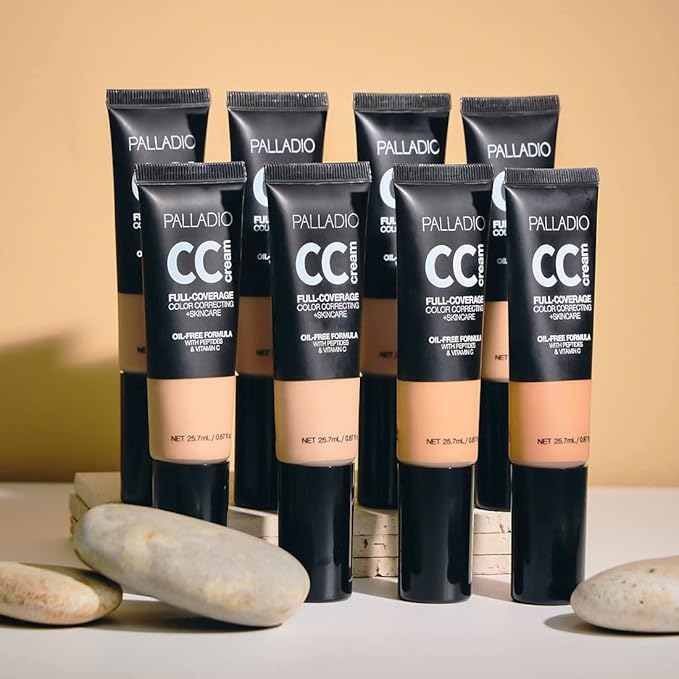 Palladio Full-Coverage Color Correction CC Cream, Oil-Free with Peptides & Vitamin C, Best for Correcting Redness and Uneven Skin Tone, Buildable Foundation Coverage (Med 30N)