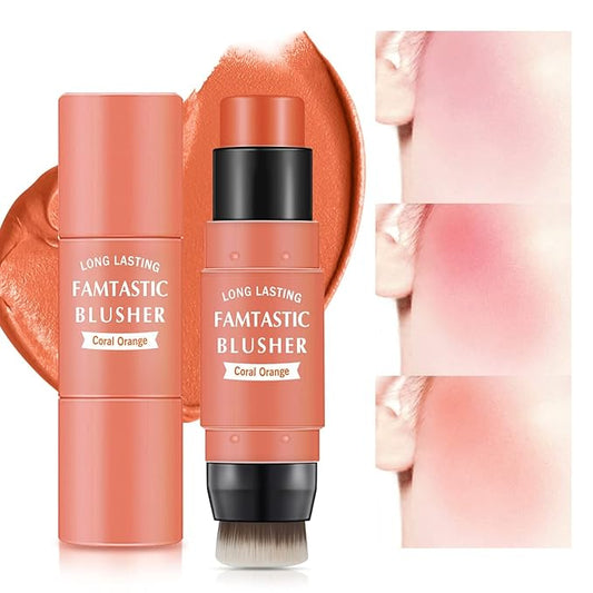 Cream Blush Stick for Cheeks - 2 in 1 Multi Makeup Blush with Brush for Cheeks Tint & Eyes & Lips, Waterproof Smooth Creme Texture, Long-lasting Wear All Day, #03 Coral Orange