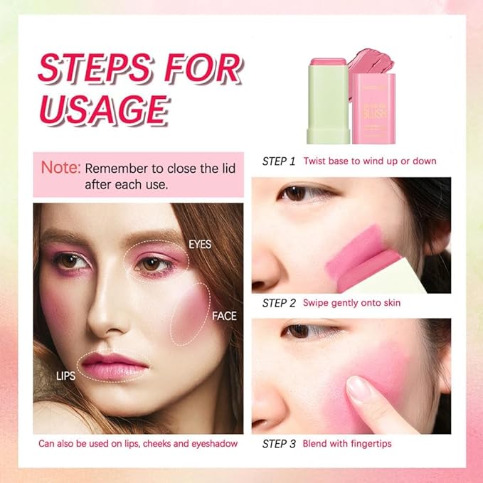 Blush Stick for Cheeks and Lips, On-the-Go Blush, Hydrating Solid Cheek Tint, Multi-use Blush Makeup Stick for Beautiful and Natural Shades, Tinted Moisture Stick Ued on Eyes Lips and Cheeks
