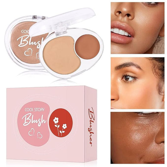 Dual-Tone Face Blush Palette for Cheeks - Waterproof, Long-Lasting, Satin Finish, Creamy Texture, Sculpting, All Skin Tones, Squalane, Highlighting, for Home, Travel, Makeup 2 Tone Tint