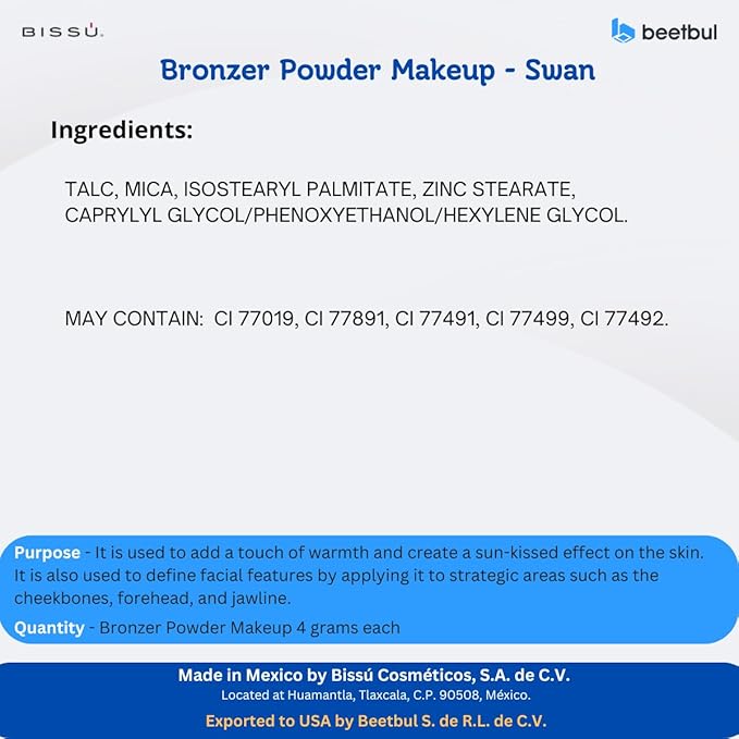 Bissú Bronzer Powder Makeup, Silky Lightweight Formula, Natural Bronzed Look, Long-Lasting, Easy to Blend, 6 Versatile Shades (05 Swan, 4 Grams)