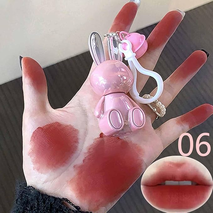 2Pcs Velvet Matte Lip Gloss Set,Cute Pink Rabbit Lip Glaze 2 in 1 Key Chain Liquid Lipstick,Non-Stick Cup Long Lasting Waterproof Bunny Lip Stain,Cute Lip Makeup for Girls