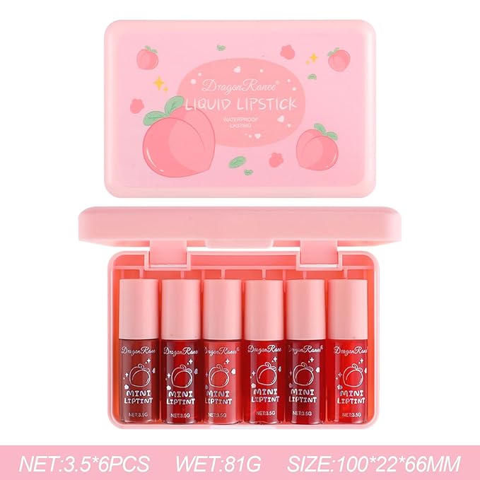 Eakroo 6 Colors Peach Lip Tint Stain Set, Korean Lip Gloss Mini Liquid Lipstick Set, Multi-Use Lip and Cheek Tint, Long Lasting, Waterproof, High Pigment, Vivid Color