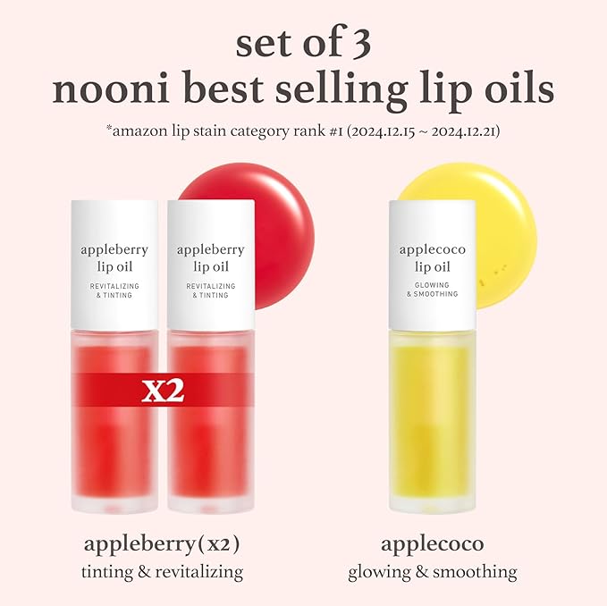 NOONI Korean Lip Oil Trio Gift Set + Korean Vegan Appleseed Lip Oil - Appleclear, Bundle
