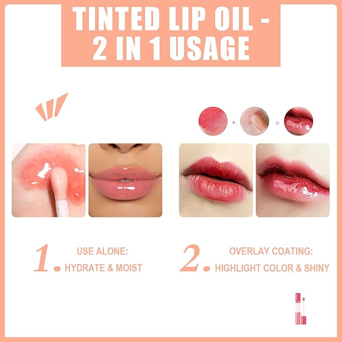 Hydrating Lip Glow Oil - Tinted Plumping Lip Gloss Long-Lasting Moisturizing Cherry Oil Lip Stain Transparent Nourishing Lip Care (Coral Red)