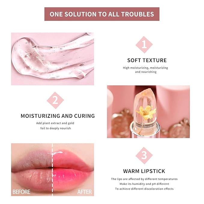 3 Pcs/Set Flower Jelly Lipstick Set Temperature Change Moisturizer Long Lasting Nutritious Glossy Shine Lip Balm Magic Gold Crystal PH Color Change Lip Gloss for Women