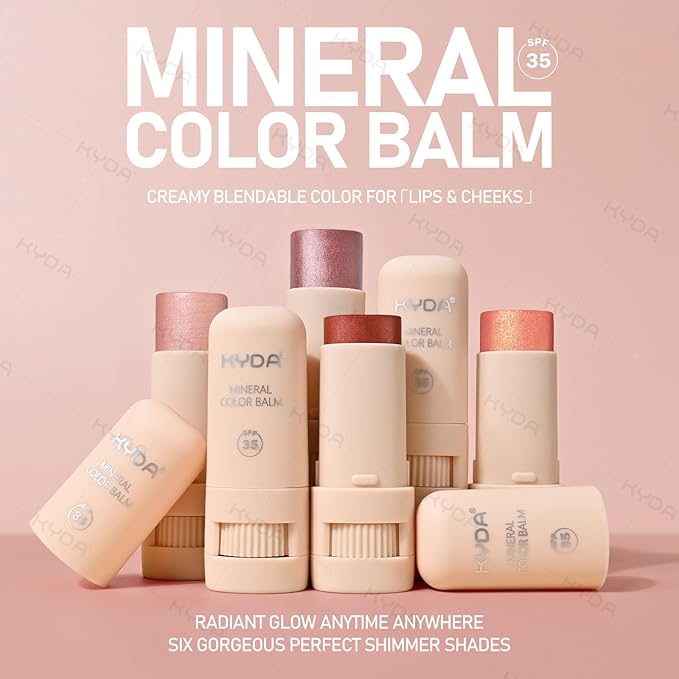 KYDA 3 Colors Mineral Color Balm, Buildable Shimmer Color for Lips and Cheeks, Broad spectrum SPF 35, Natural Shimmer Finish, Lightweight Blendable Creamy, Multiuse Blush Stick, Set B