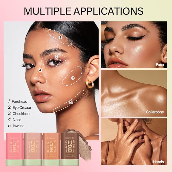 Cream Contour Stick, Face Shimmer Bronzer Stick, Blendable Natural Glow Highlighter Makeup Stick, Multi-Use Tinted Solid Moisturizer Stick,04 Beach Glow