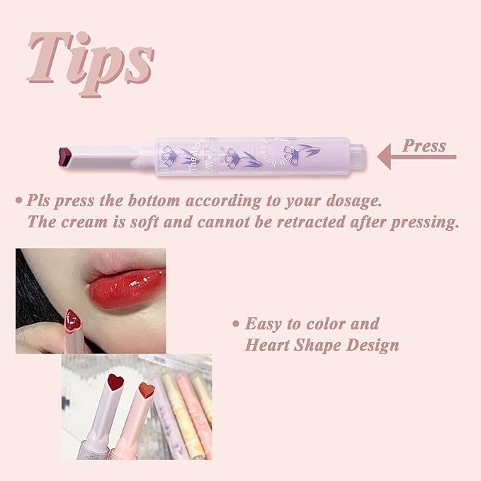 KWOLYKIM 2 Colors Jelly Lipsticks, Glass Water Hydrating Heart Shaped Lipsticks Moisturizing Tinted Lip Balm Long Lasting Lip Pen Beauty Makeup Plumping Gloss Lip Glaze for Women Girls