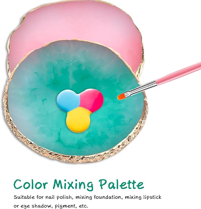 2 pcs Nail Polish palettes Resin Nail Art Palette Golden Edge Gel Nail Polish Holder Nail Tray,Makeup Display Board Cosmetic Mixing Tools (Pink and Green)