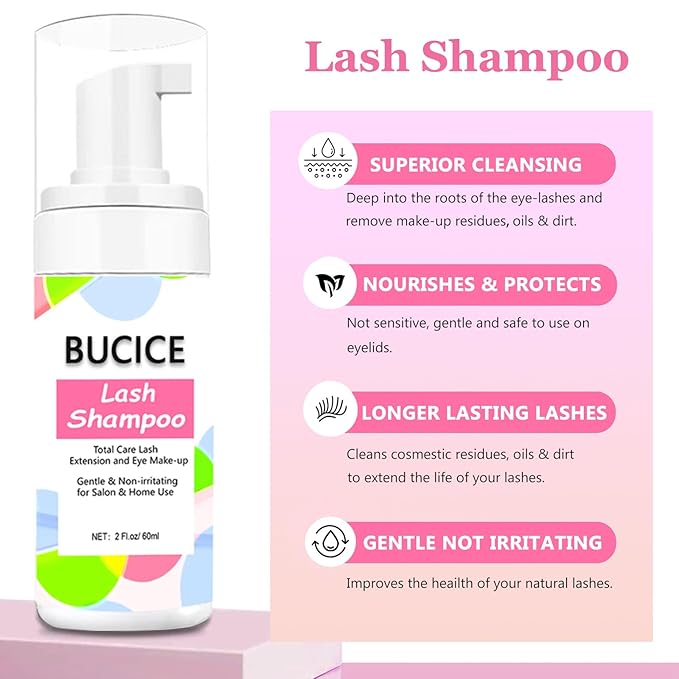 2.02 fl.oz / 60ml Lash Shampoo for Lash Extensions Removing, Eyelid Face Foaming Cleanser and Premium Eyelash Extension Cleansing, Safe Makeup Remover for Professional & Home Use