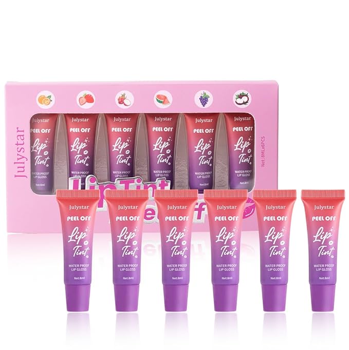 6 PCS Lip Stain Peel Off, Fruity Flavour Tinted Lip Gloss Lip Tint, Long Lasting Non-Stick Cup Tattoo Color Lipstick Set, Transfer Proof, Matte Finish, Lip Makeup for Women & Girls