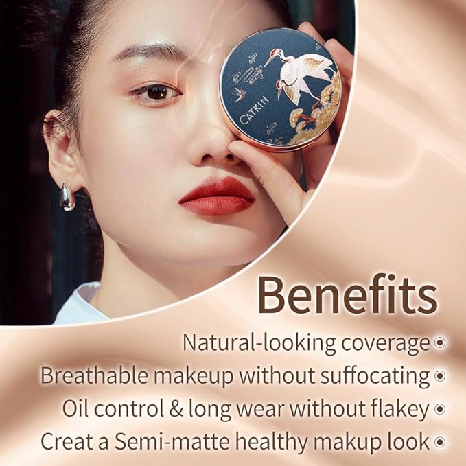Catkin Phoenix Cushion Foundation Buildable Coverage Anti-Aging Serum Makeup, Sheer Satin Finish, Refill Included, Light Beige 0.46 Oz x 2, C01 Natural Beige
