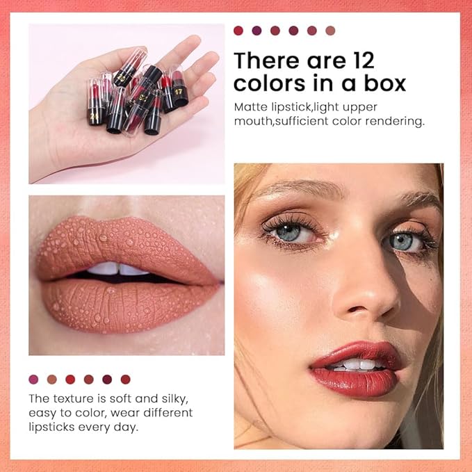 12 Capsule Pills Lipstick Mini Lip Stick Packs Matte Lip Stick Bundles For Women,Dark Sexy Red Brown Nude Mini Matte Lipstick Makeup Lip Liner labiales mate 24 horas originales (Set02, 12pcs set)