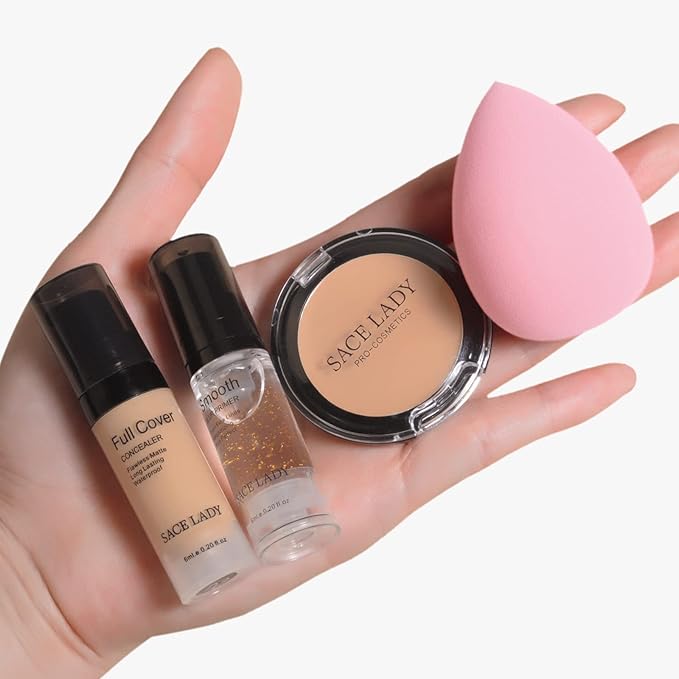 Waterproof Full Coverage Concealer With Primer Sponge Set, Smooth Matte Flawless Creamy Liquid Foundation Corrector Makeup Kit for Face Eye Dark Circles Spot Acne Scar Cover (0.2Fl, Light Natural)