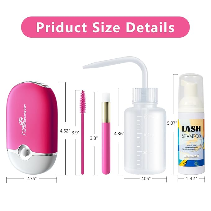 Buqikma Lash Shampoo 2.11Floz Eyelash Extension Cleanser Gentle Foam,USB Mini Lash Fan,Rinsing Bottle Mascara Brush Cleaning Brush Lash Cleaning Kit Lash Wash for Professional Salon&Home Use(Rose Red)