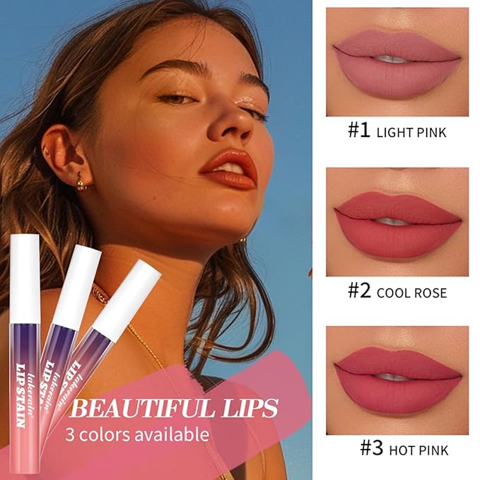 3 Pcs Peel Off Lip Stain Lip Tint Set, Long-Lasting Matte Liquid Lipstick Nude Lip Gloss, Waterproof Non-stick Cup Lip Makeup for Women