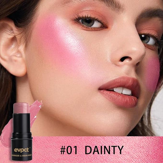 evpct 2Pcs Shimmer Pink Rose Cream Blush Stick for Cheeks Lips Tint Eyes Contour Highlighter Makeup Sticks Lightweight Hydrating formula rubor en crema para los cachetes 01 Dainty & 05 Sweet Heart