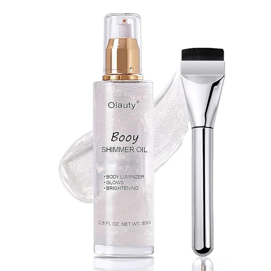 Body Shimmer Oil Pearl White Color Face Brighten Body Luminizer Glow For Face & Body, Summer Glow Pearl Highlighter Liquid Illuminator Body Makeup Shimmer Body Oil with Brush (#1, 2.8 Fl Oz)