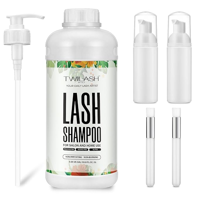 Lash Shampoo Bulk, Eyelash Cleanser for Extensions 1 Liter - 2 Foam Pump Bottles, 2 Lash Cleansing Brushes, Dispenser Pump - Eyelid Foaming Cleanser for Professional Salon and Home Use