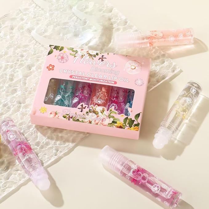 Petansy Flower Jelly Lip Oil Set 6 Packs Moisturizer Long Lasting Roll On Lip Gloss Set with Real Flowers Glossy Lip Make-up for Dry and Chapped Lips