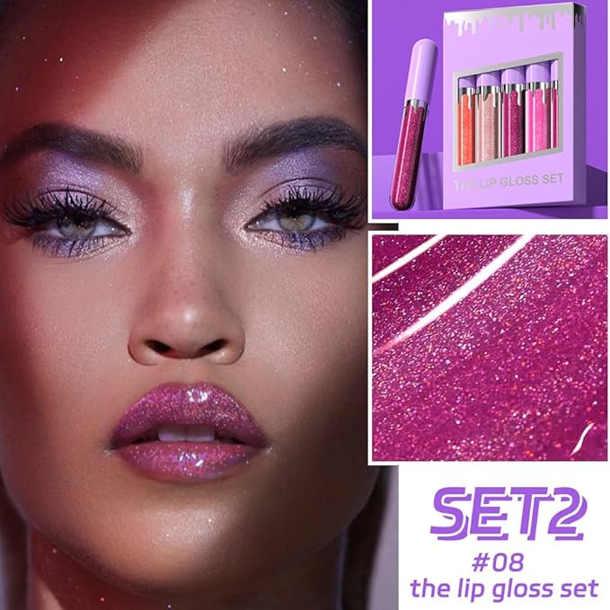 5Pcs Glitter Liquid Lip Gloss Set, Diamond Shimmer Lipstick, Waterproof Shimmer Lip Stain Lip Glaze, High Shine Long Lasting Shiny Lip Color Makeup(Set:Y-02)
