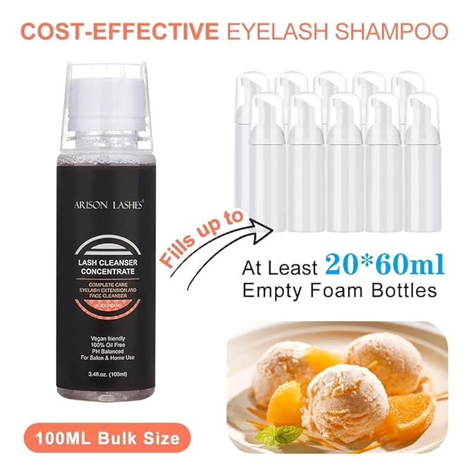 Eyelash Cleanser Concentrate 100ml Lash Extensions Shampoo Natural Foaming Cleanser DIY Non-lrritating Wash for Extensions Lashes with Salon Home Care-Makes 20 Bottles 60ml lash Shampoo (ICE-Cream)