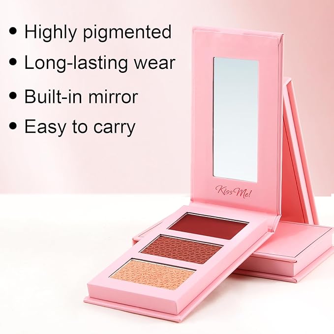 3 Color Highlighter Makeup Palette, Matte Powder Blush for Cheeks, Lightweight, Blendable, Shimmer Shadow Powder with Mirror, Easy to Create Natural Three-dimensional Look