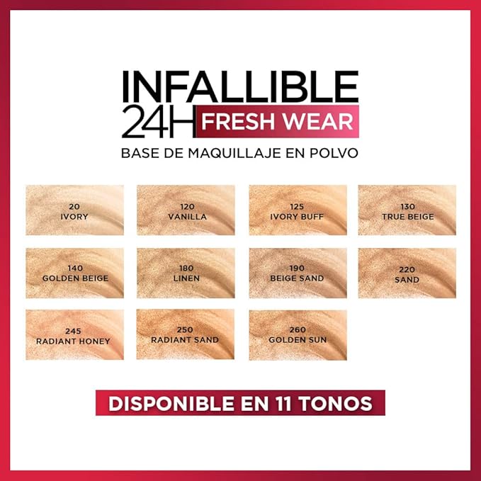 L'Oreal Paris Makeup Infallible Fresh Wear Foundation in a Powder, Up to 24H Wear, Waterproof, Linen, 0.31 oz.