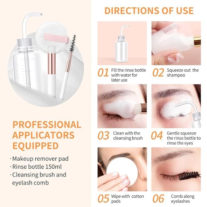 BREYLEE Eyelash Extension Cleanser, Lash Shampoo for Extensions, Lash Cleanser, Lash Bath, Lash Cleaner, Lash Cleaning Kit with Rinse Bottle+Brush+Pad for Professional & Self