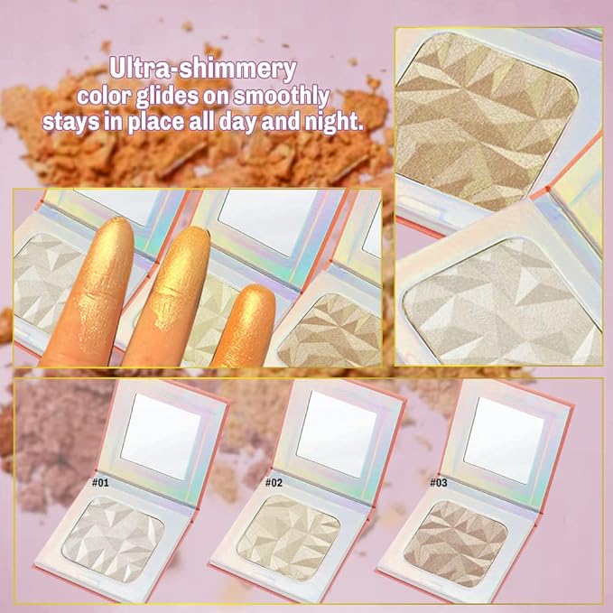 Highlighter Makeup Palette,holographic packaging with Mirror Cosmetics Vegan, Cruelty Free and Hypoallergenic 6 color Pigmented Face (Highlighters-01)